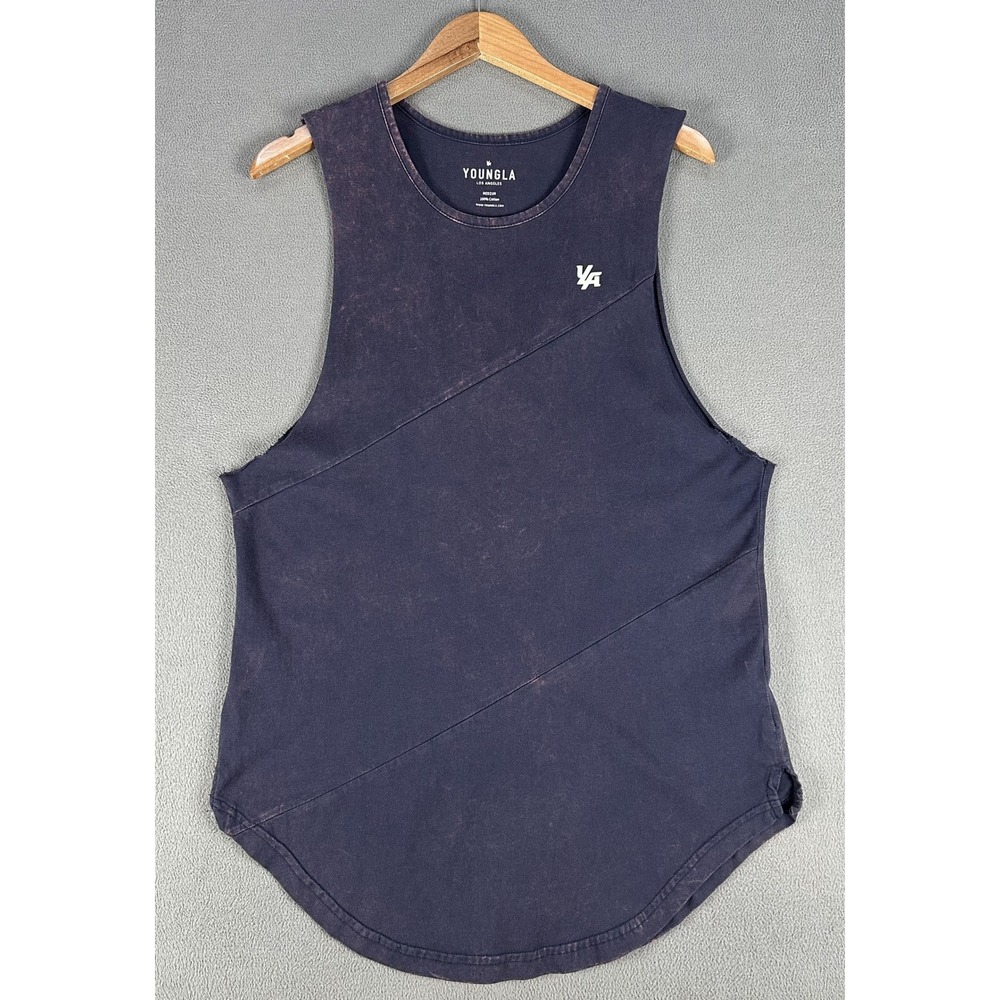 YoungLA Tank Top Medium Blue Acid Wash Drop Cut Aesthetics Bodybuilding Gym